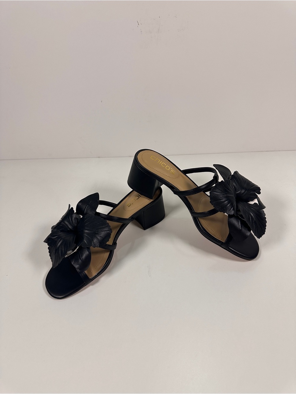 Chico's Black Floral Detail Block Heel Sandals